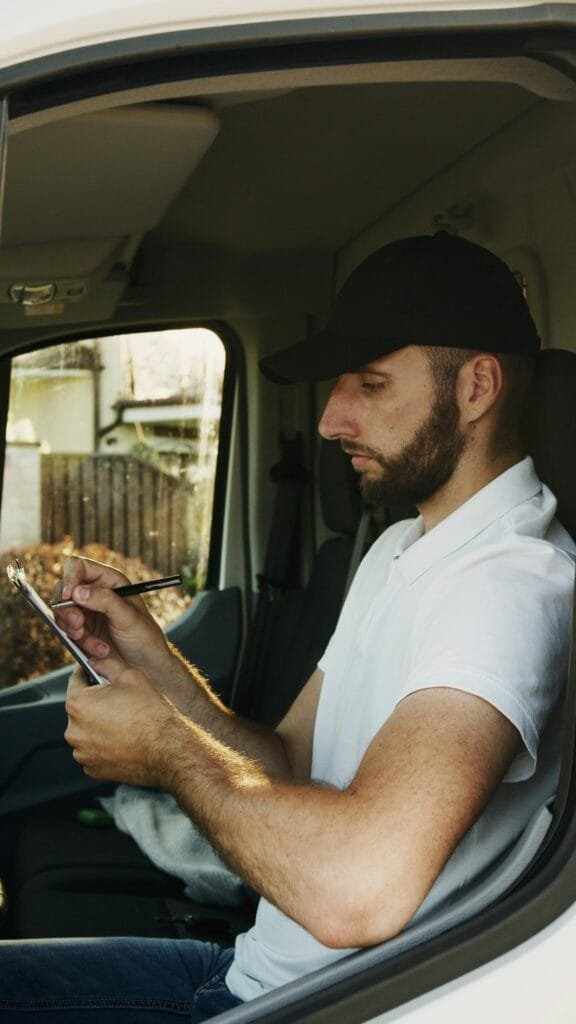 A delivery driver sits in a van, writing on a clipboard, capturing essential details. Daytime.